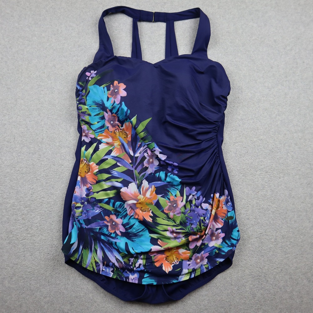 Lands' End Swimsuit Dress Women 14 Tropical Floral Navy Blue Ruched One Piece